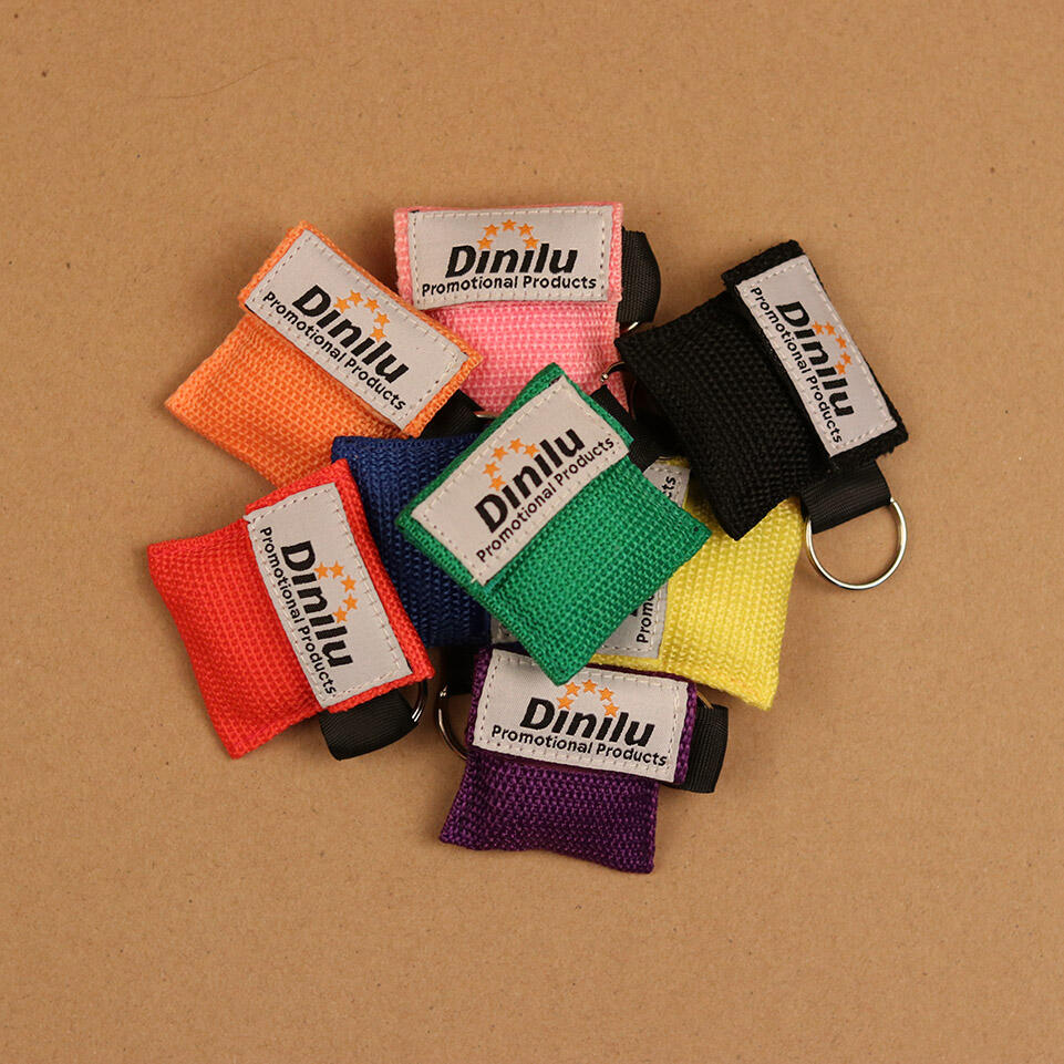 Custom CPR face shield in nylon pouch — woven or printed label, key-ring attached